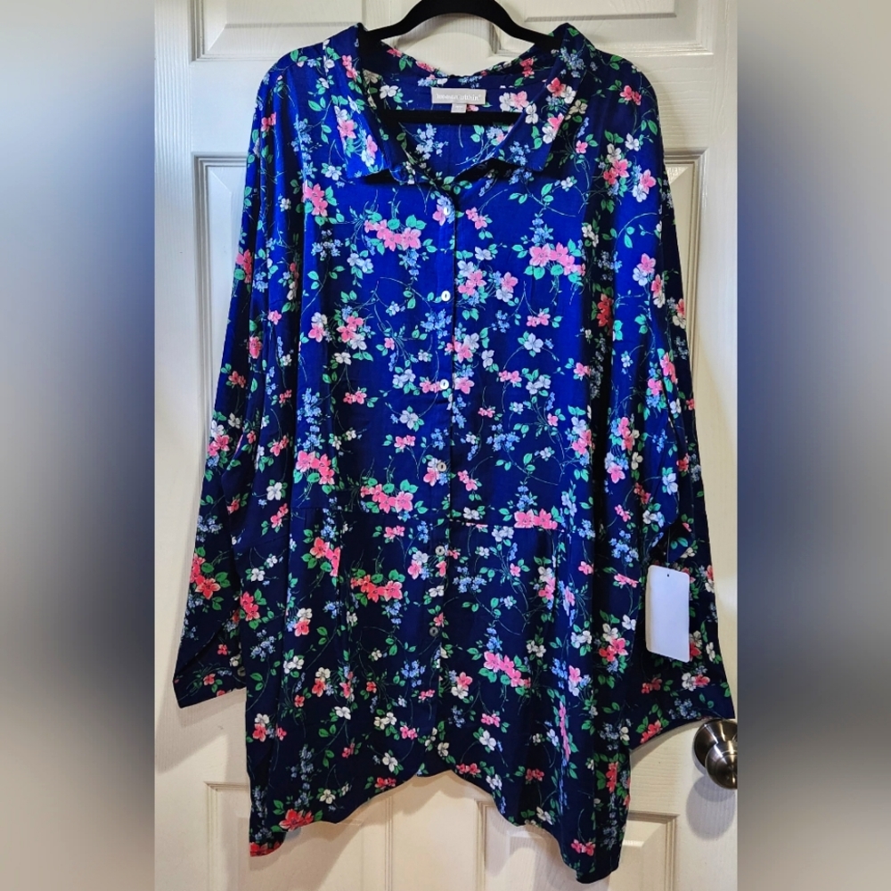 NWT Woman Within blue floral long sleeve blouse women's size 4X